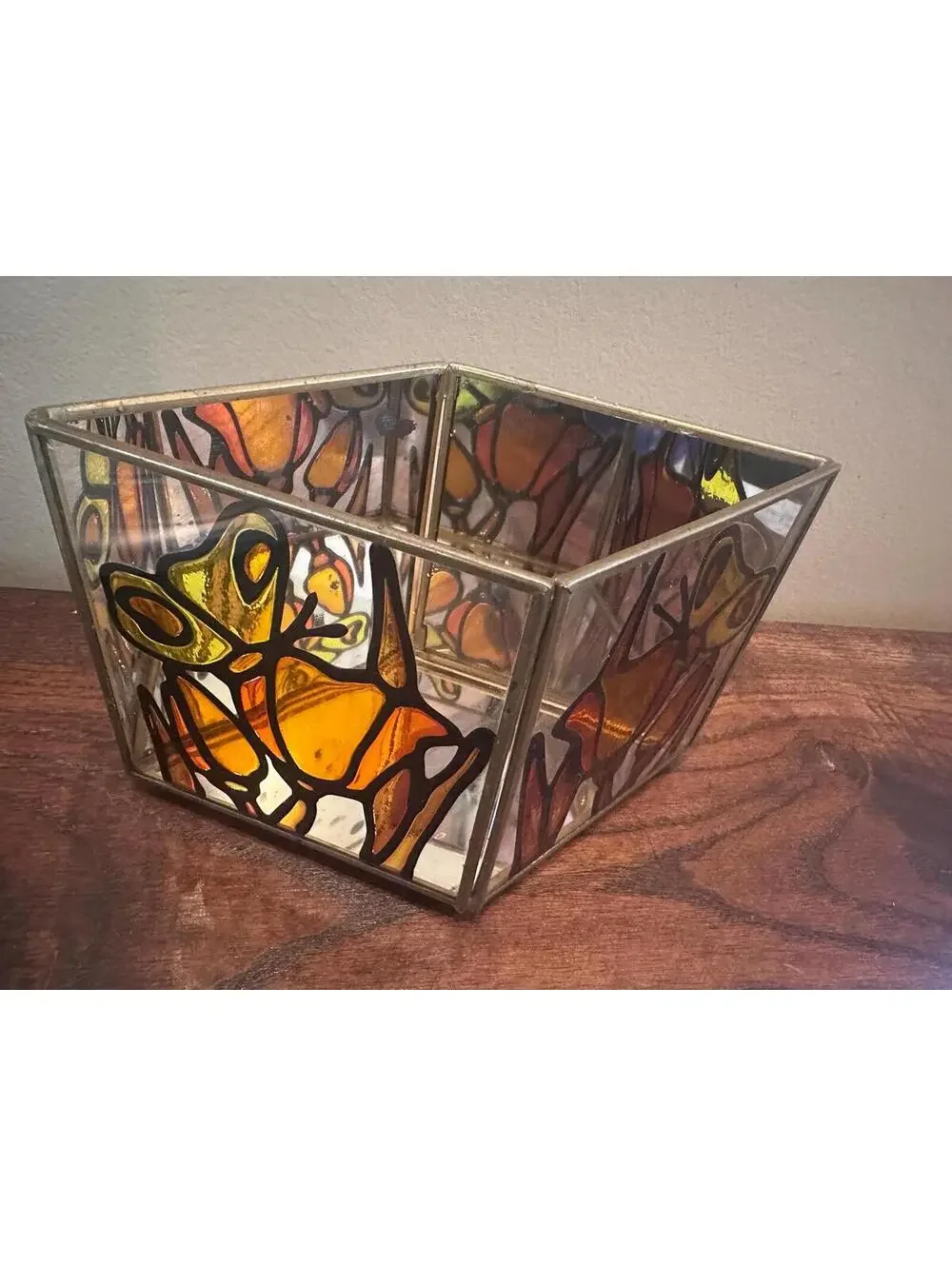 Vintage Faux Stain Glass Butterfly Flower Mirrored Candleholder